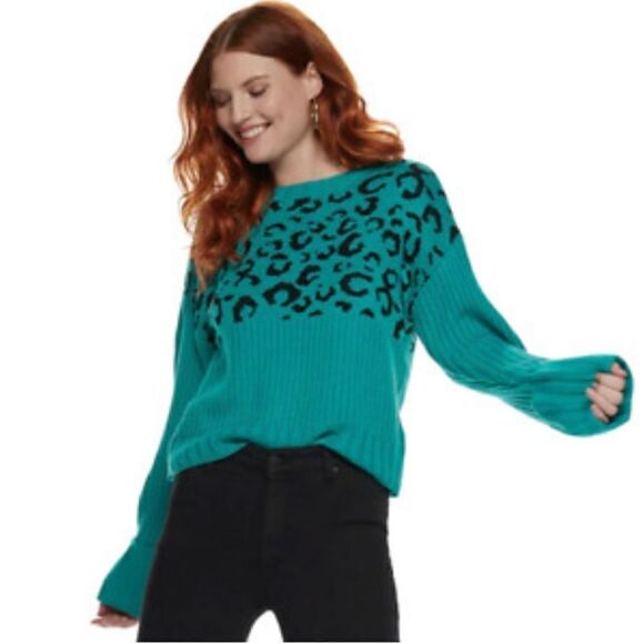 Nine West teal/black leopard print cowl neck ribbed sweater. Medium - Picture 1 of 8